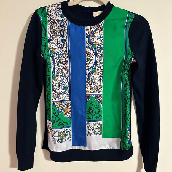 Tory Burch Silk print front patch navy light sweater - Picture 1 of 7